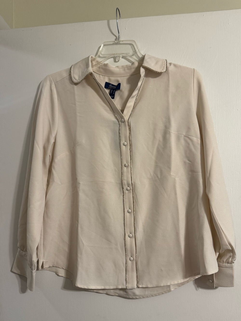 d&co Signature Cream Button-Front Dress Shirt with Rhinestone Lining NWT